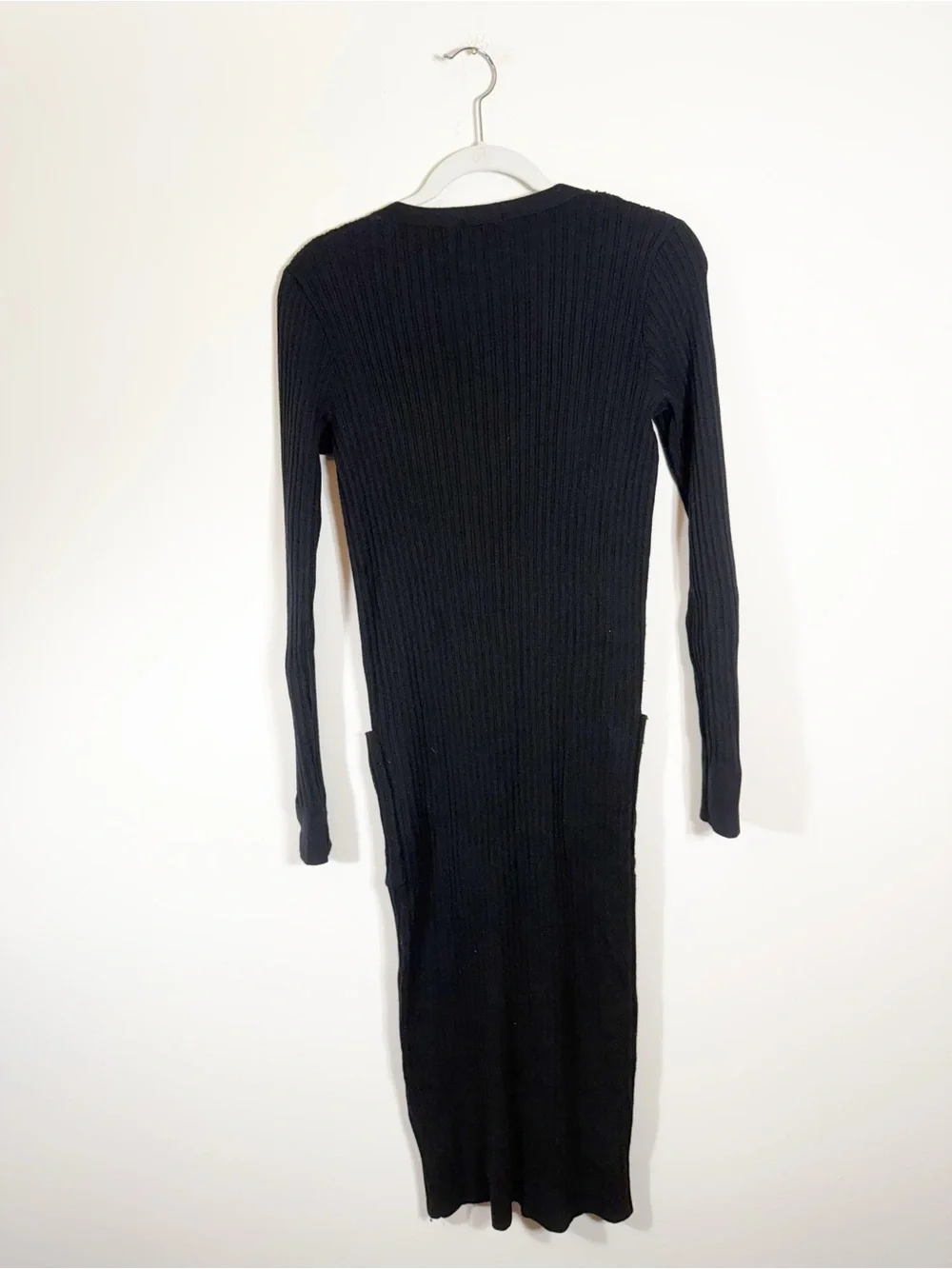 J. Crew Ribbed V Neck Cardigan Midi Sweater Dress Black Small Merino Wool